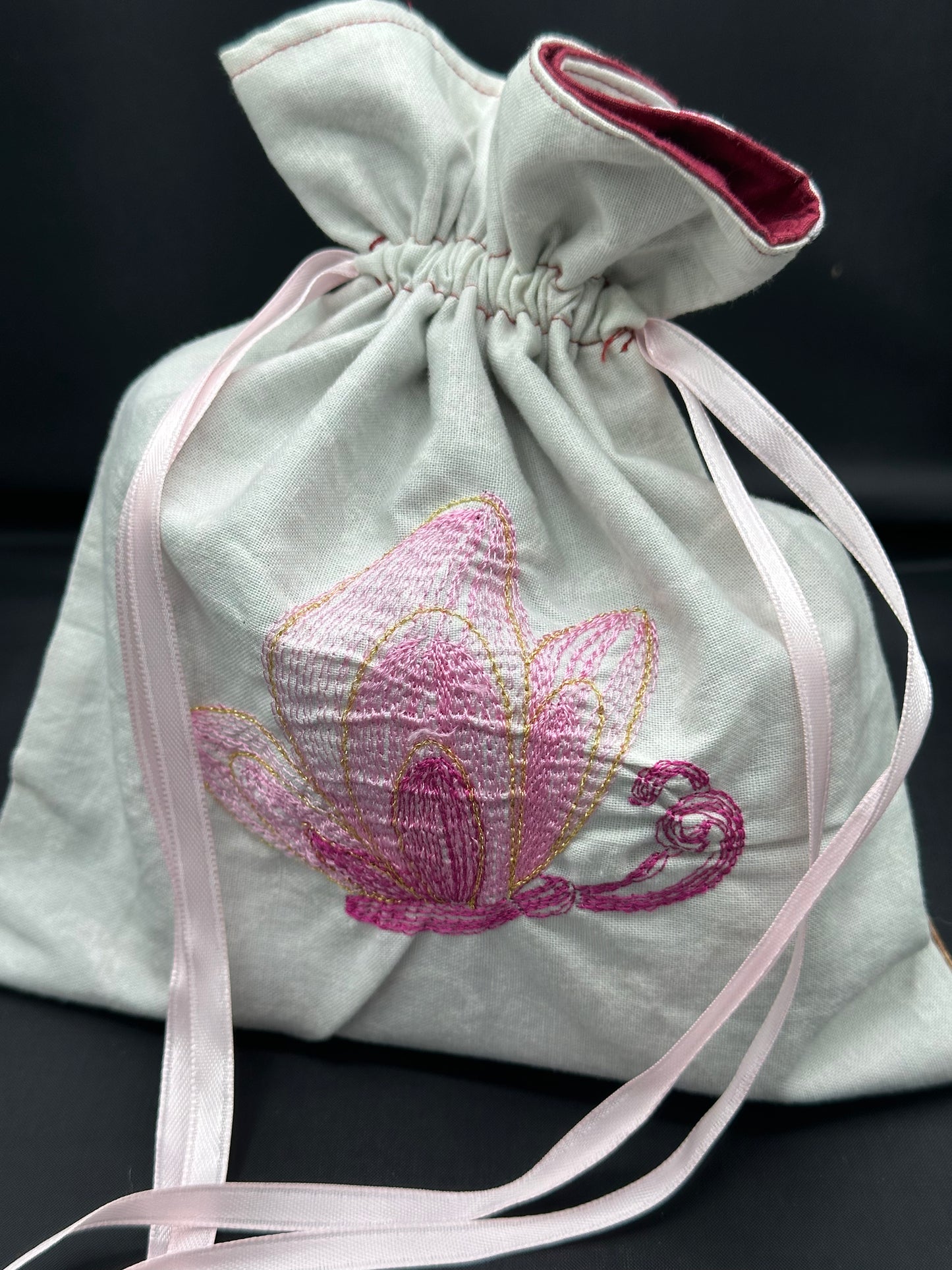 Embroidered butterfly draw string bag