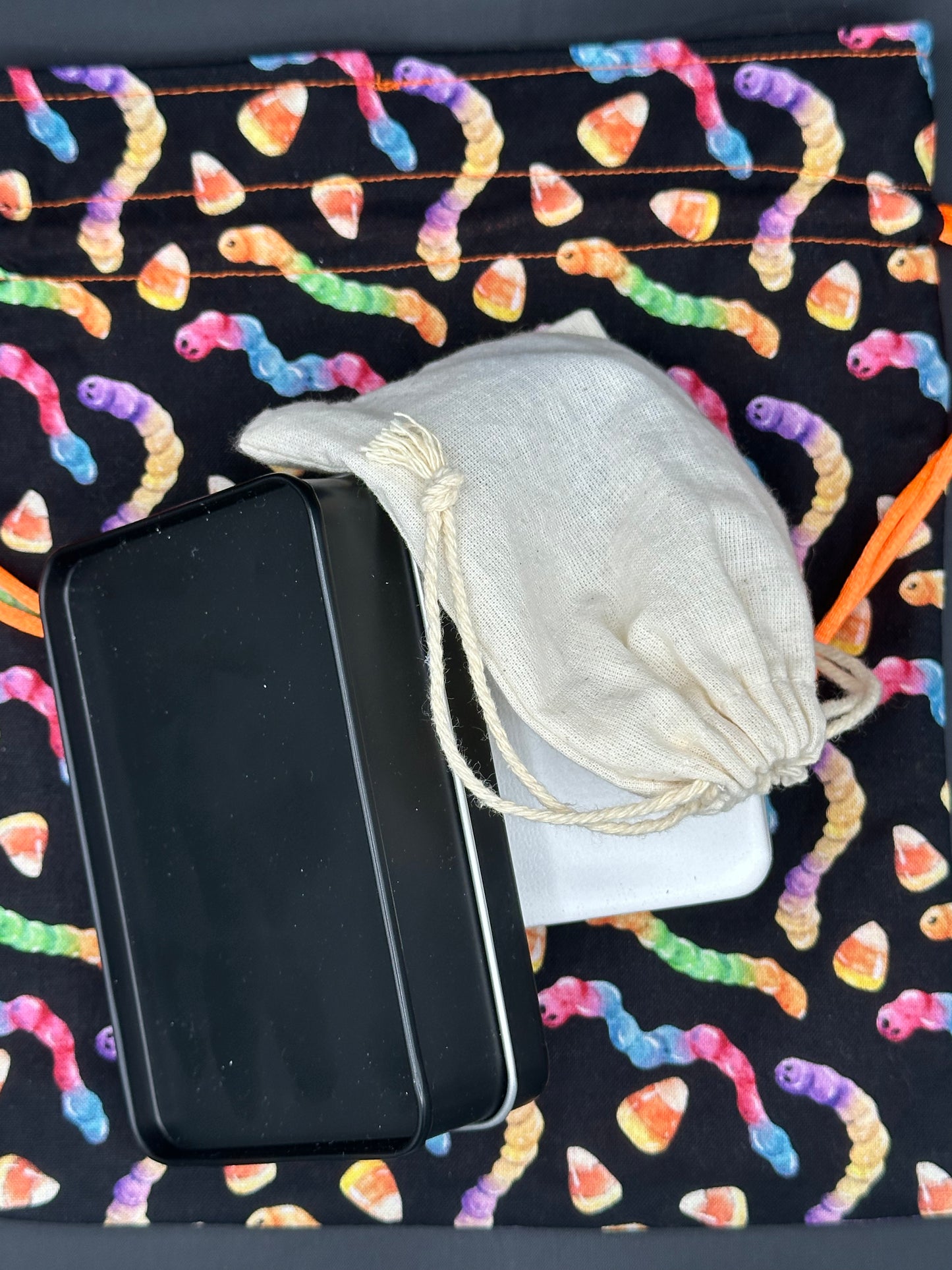 Neon gummy worms draw string bag