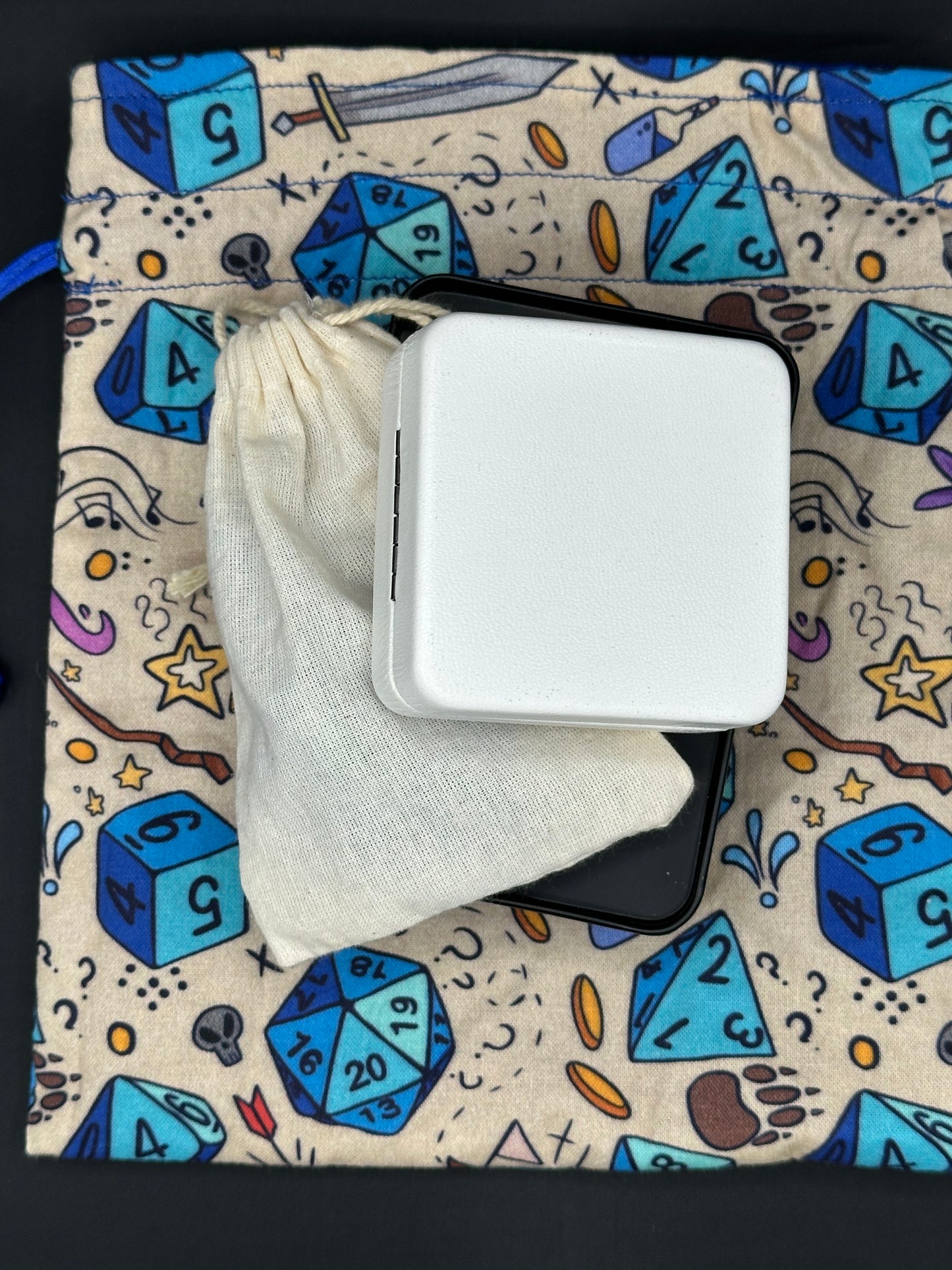 D&D Dice on tan draw string bag