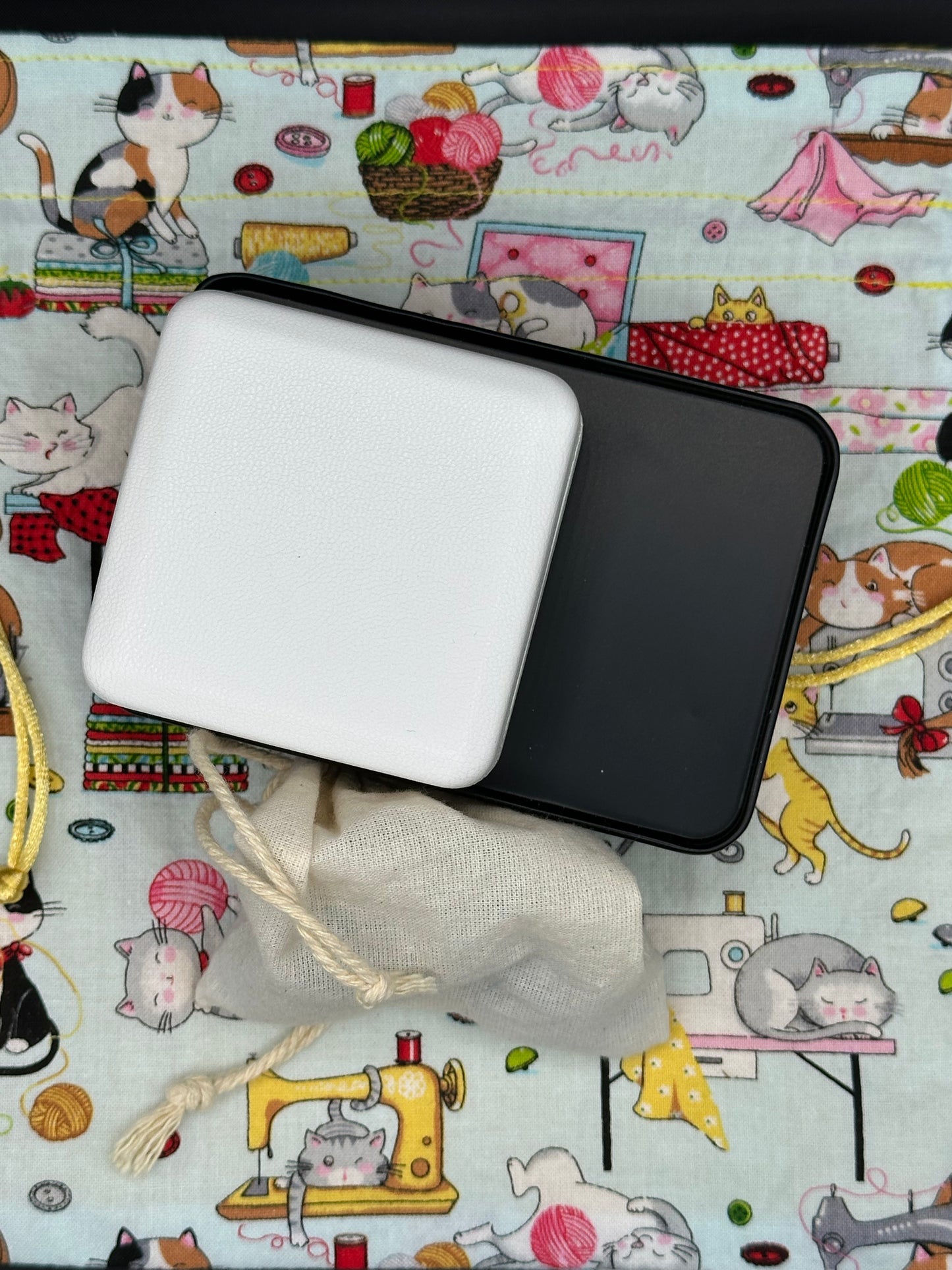 cats & sewing machines draw string bag
