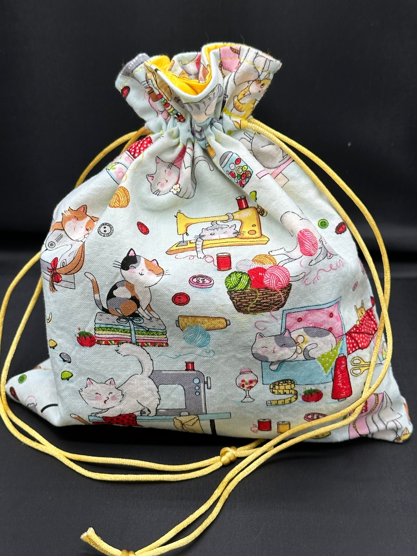 cats & sewing machines draw string bag
