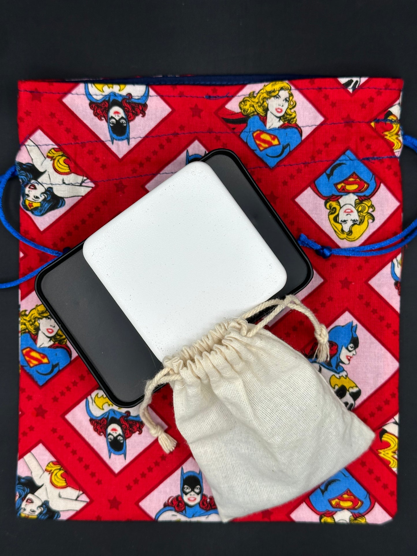 female super heros - heads - draw string bag