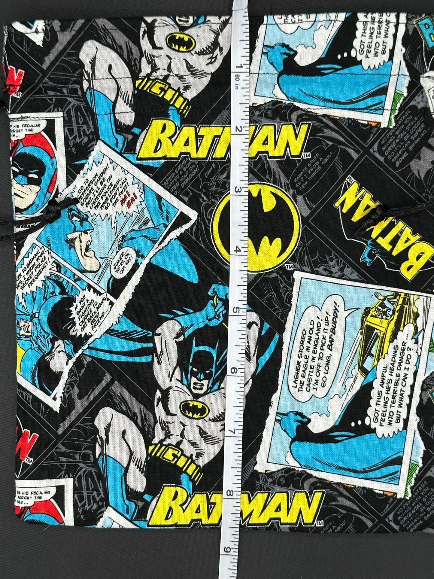 Batman blue and yellow comic draw string bag