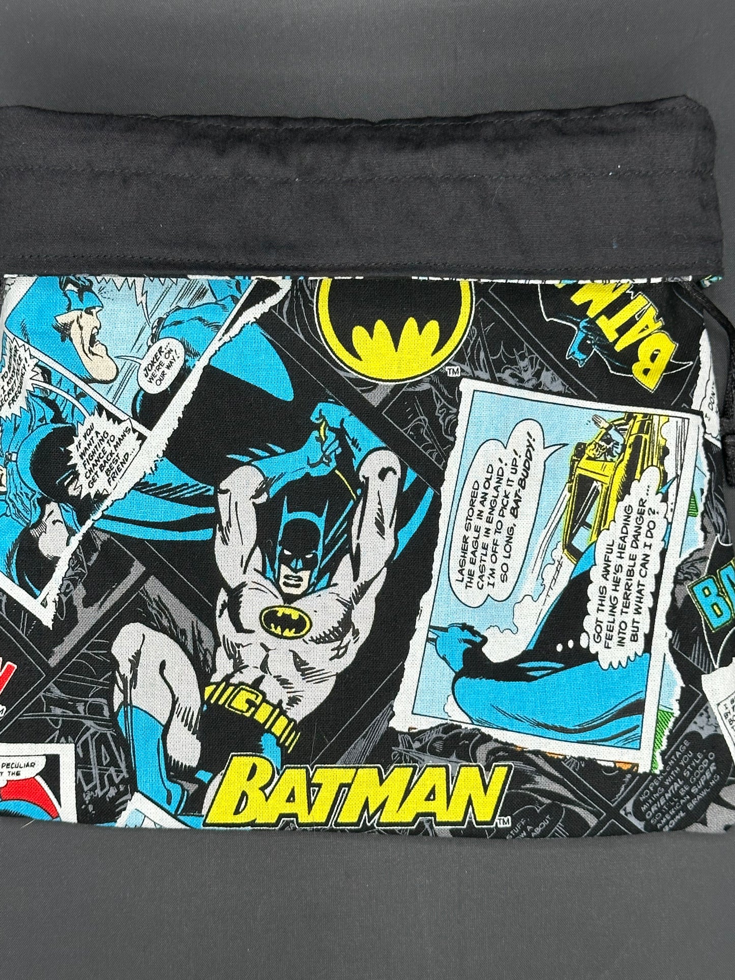 Batman blue and yellow comic draw string bag