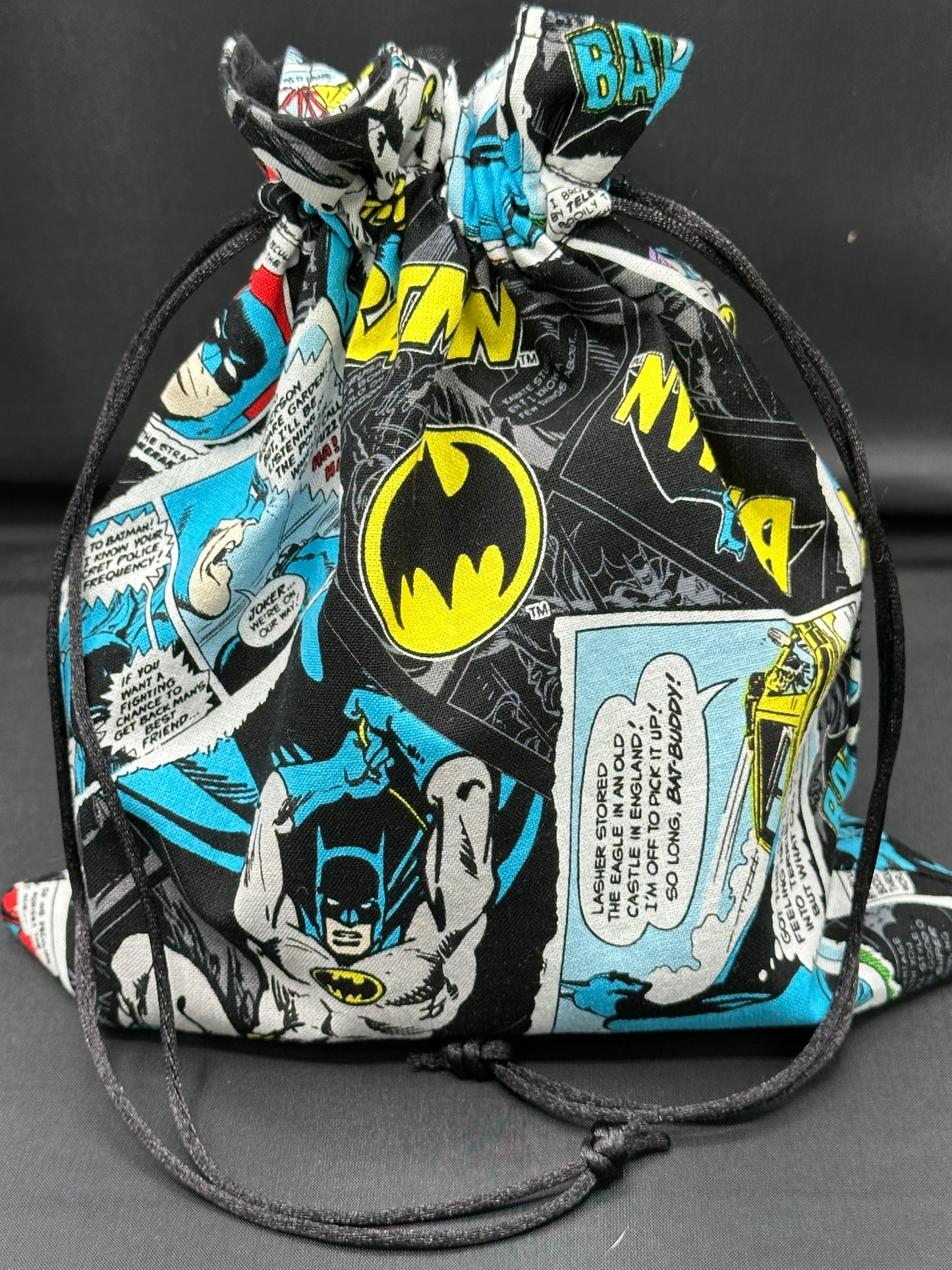 Batman blue and yellow comic draw string bag
