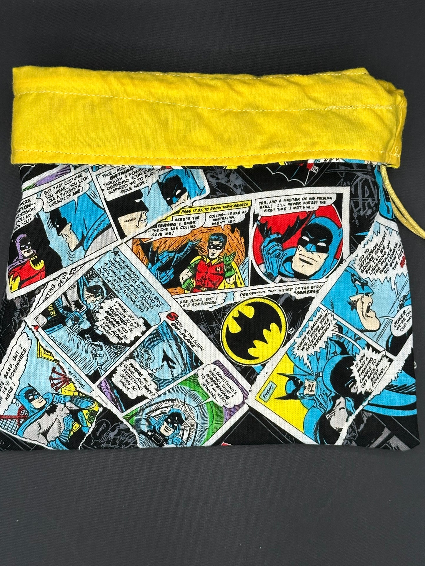 Batman blue and yellow comic draw string bag