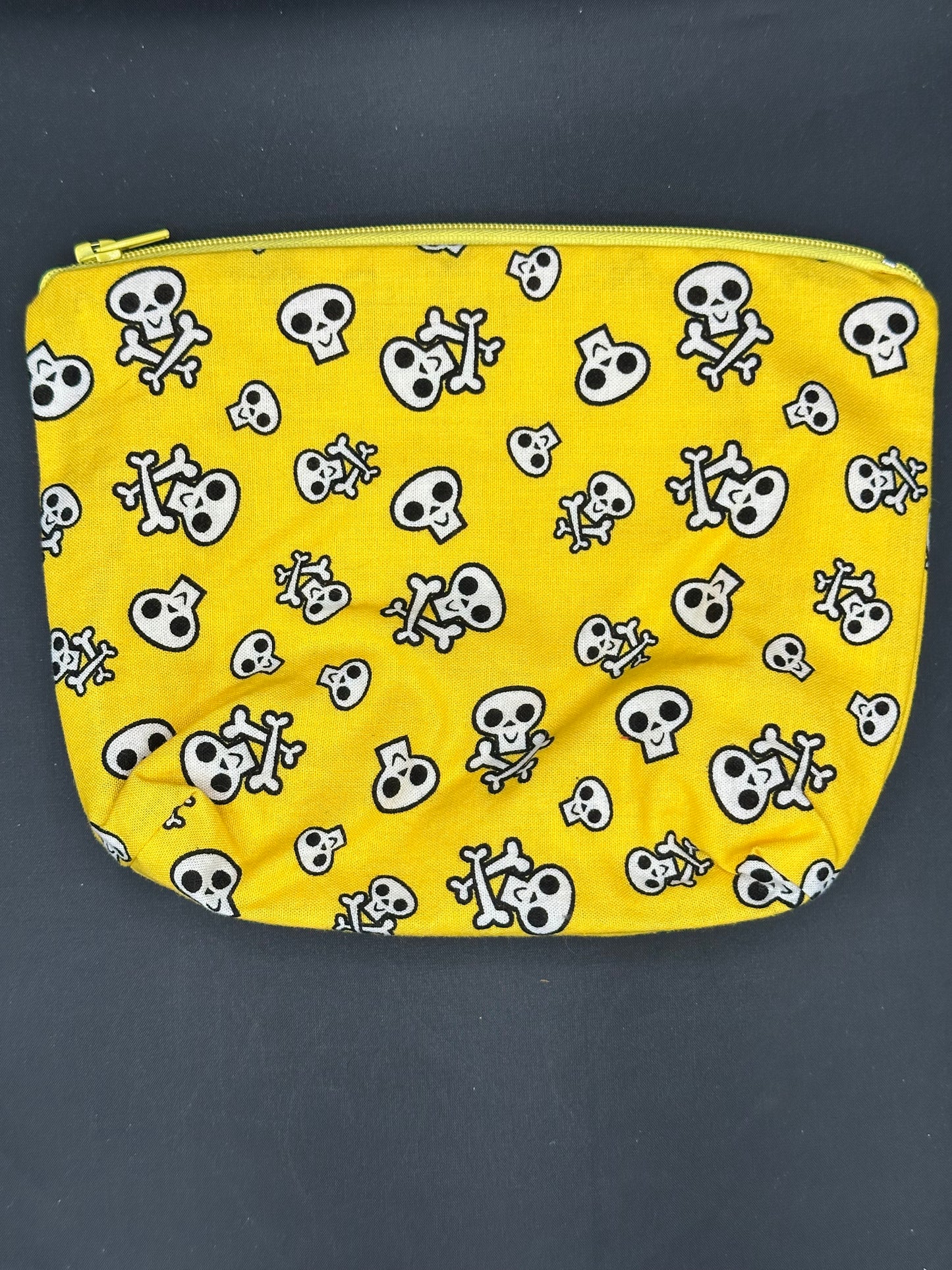 black skull and cross bones on yellow