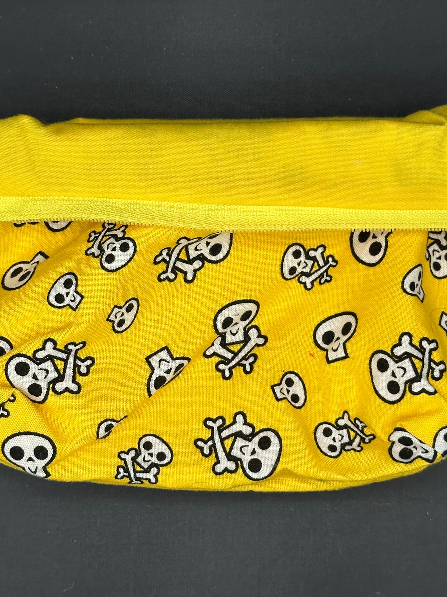 black skull and cross bones on yellow