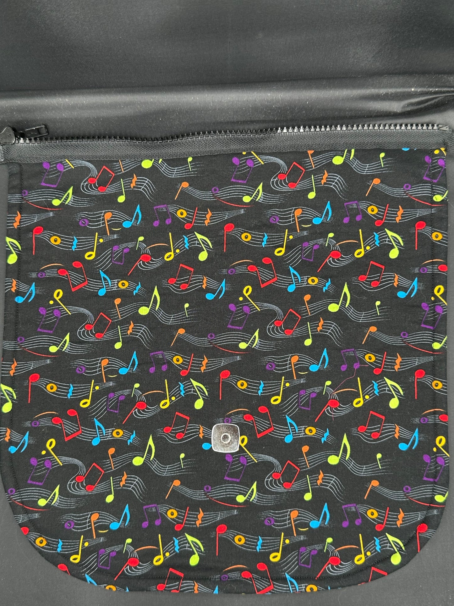 Colorful music notes on black - 12" purse flap