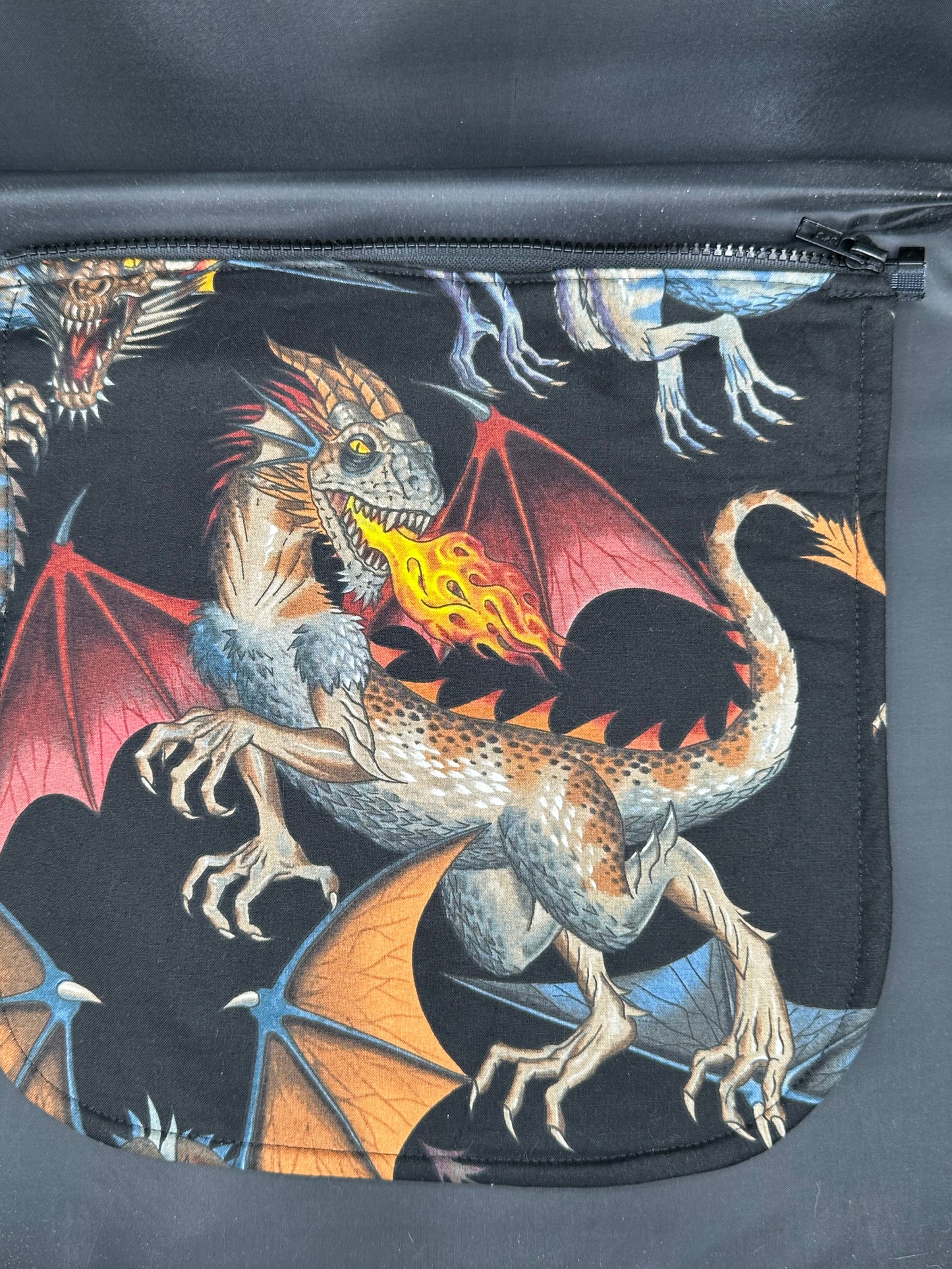 Dragon standing with flame - black background 12" purse flap
