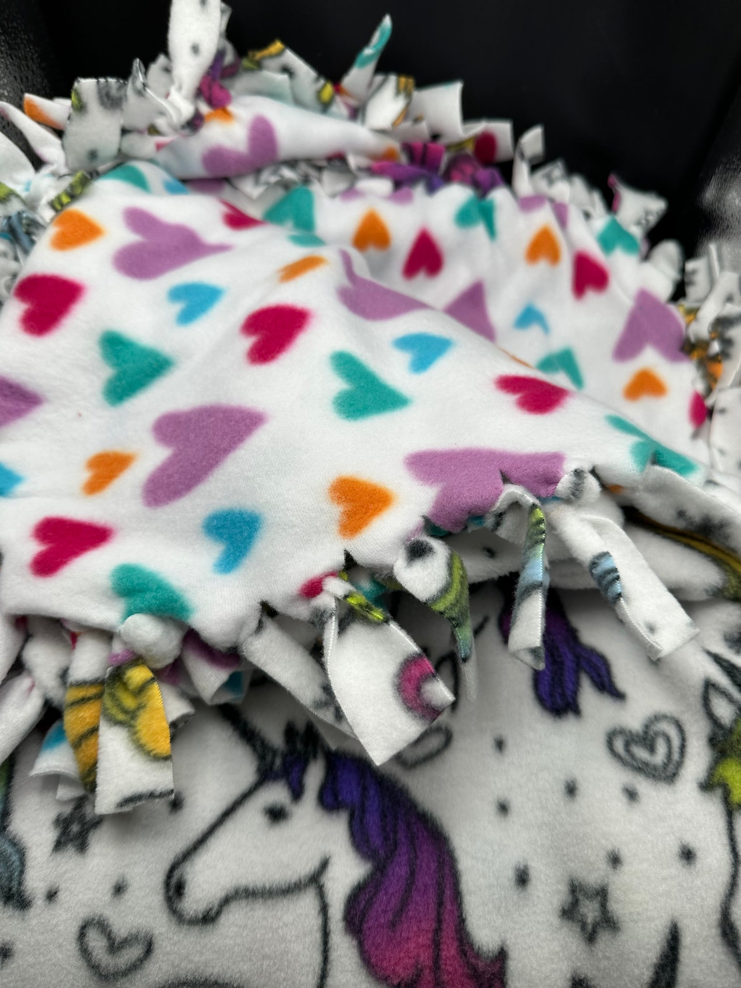 unicorn head and hearts fleece blanket