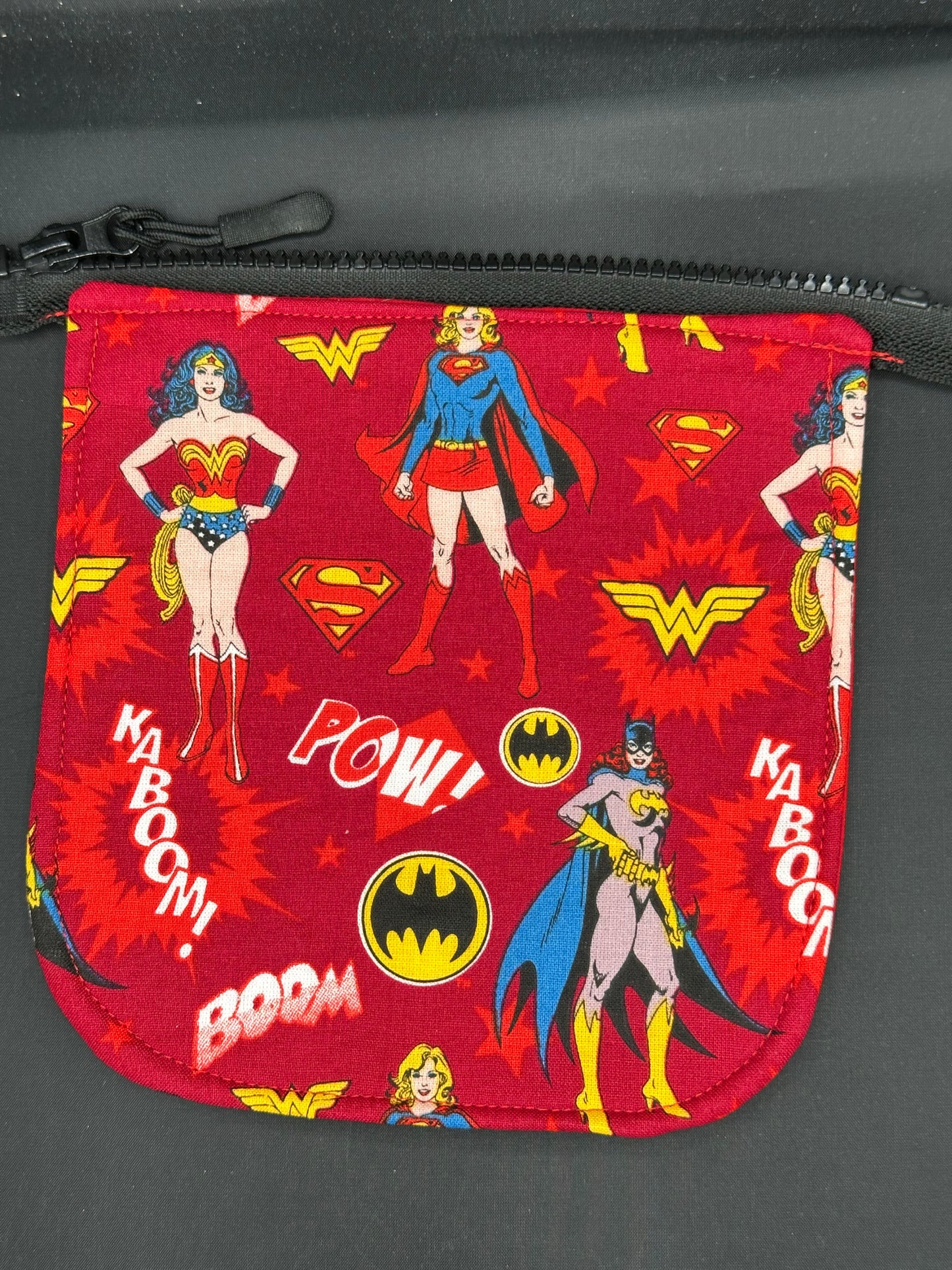 Woman Super heroes on red 7" purse flap