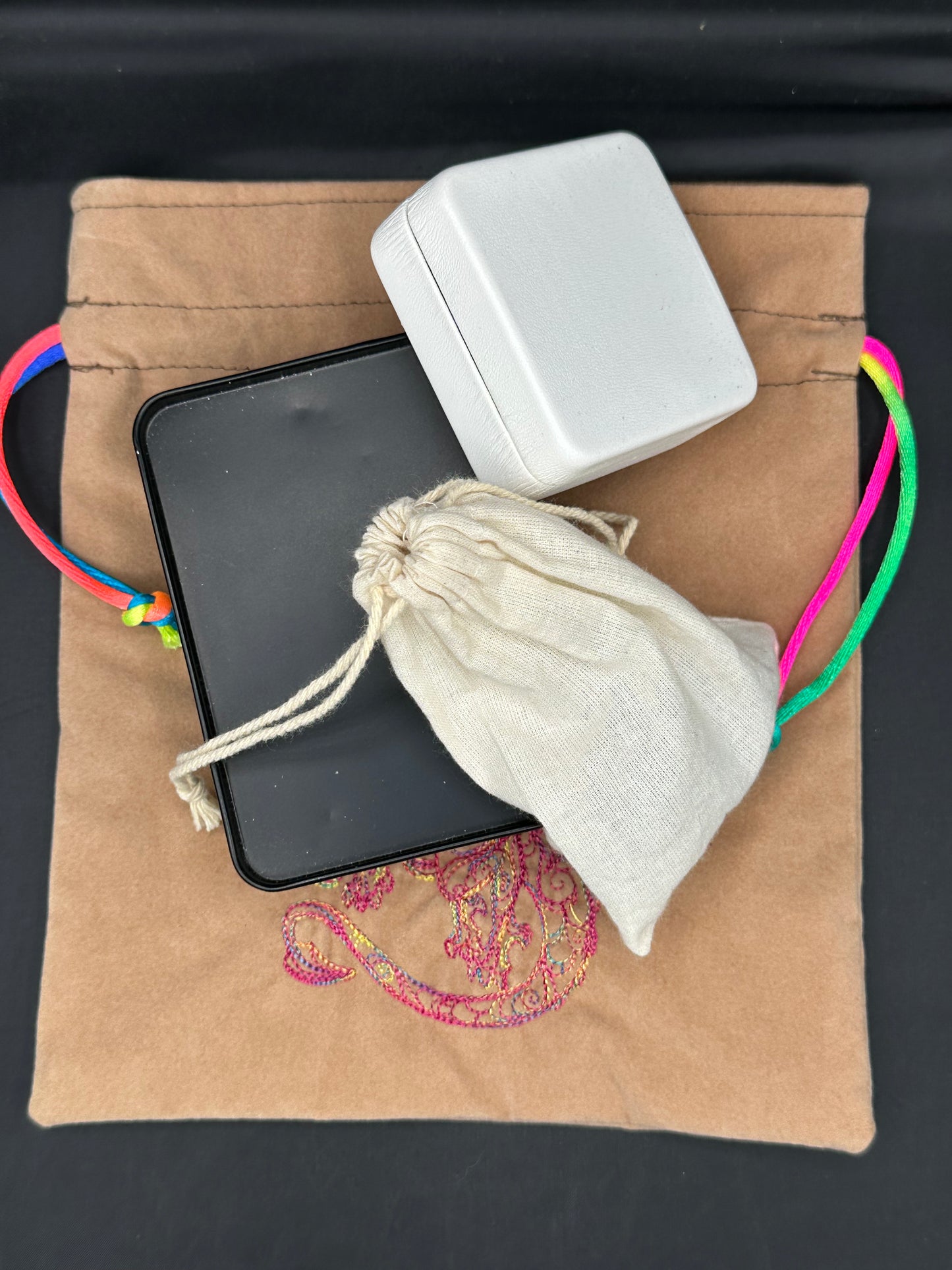 Embroidered doodle dragon draw string bag