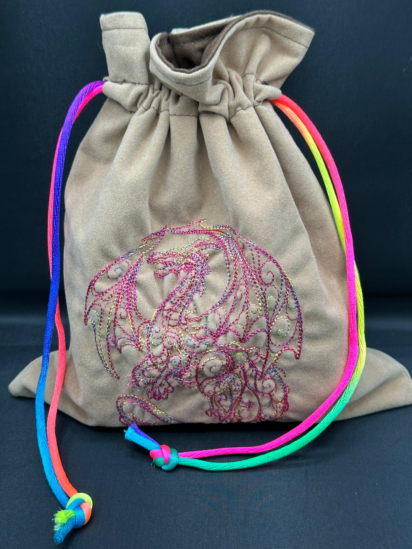 Embroidered doodle dragon draw string bag