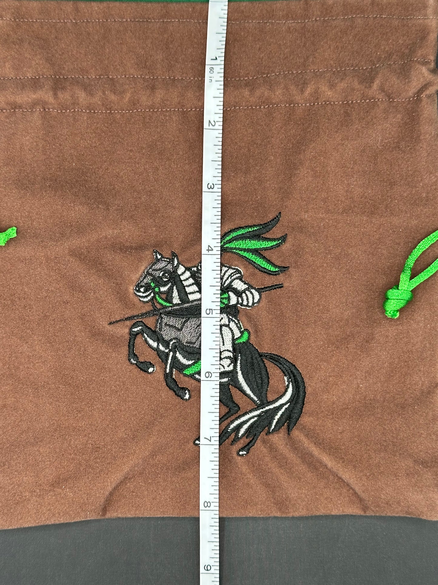 Embroidered Green Jousting Knight on brown suede draw string bag