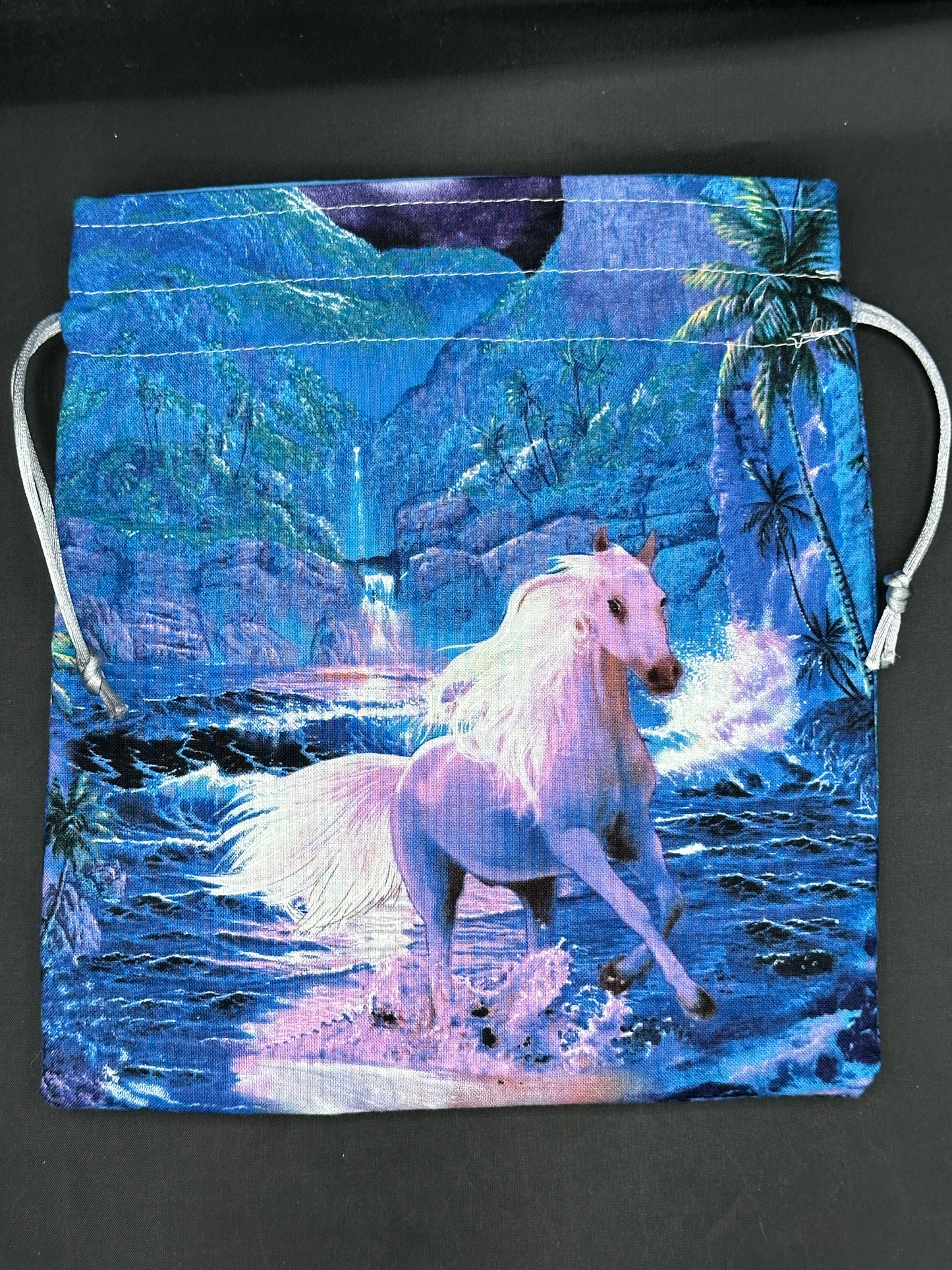 white horse draw string bag