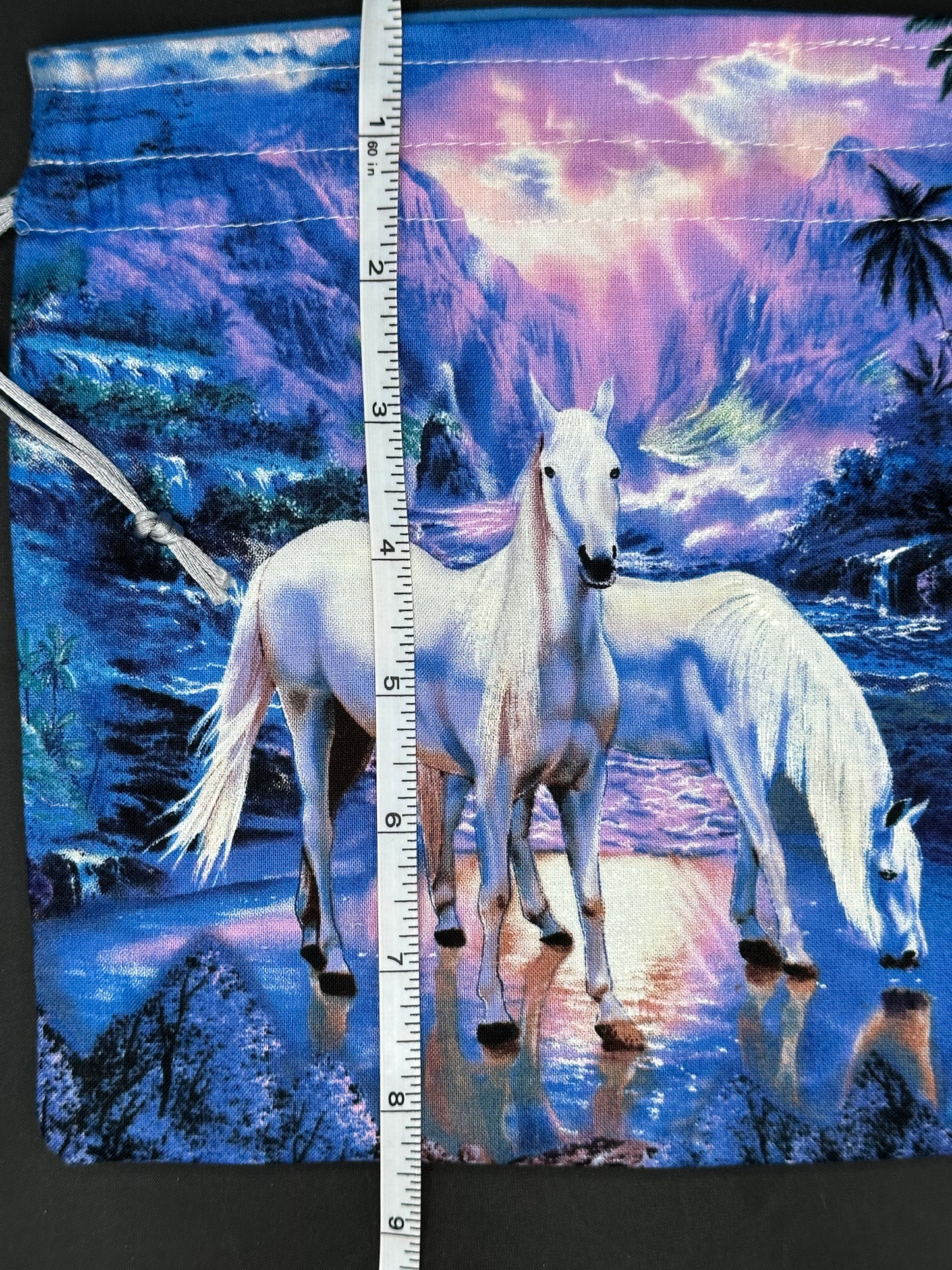 white horse draw string bag