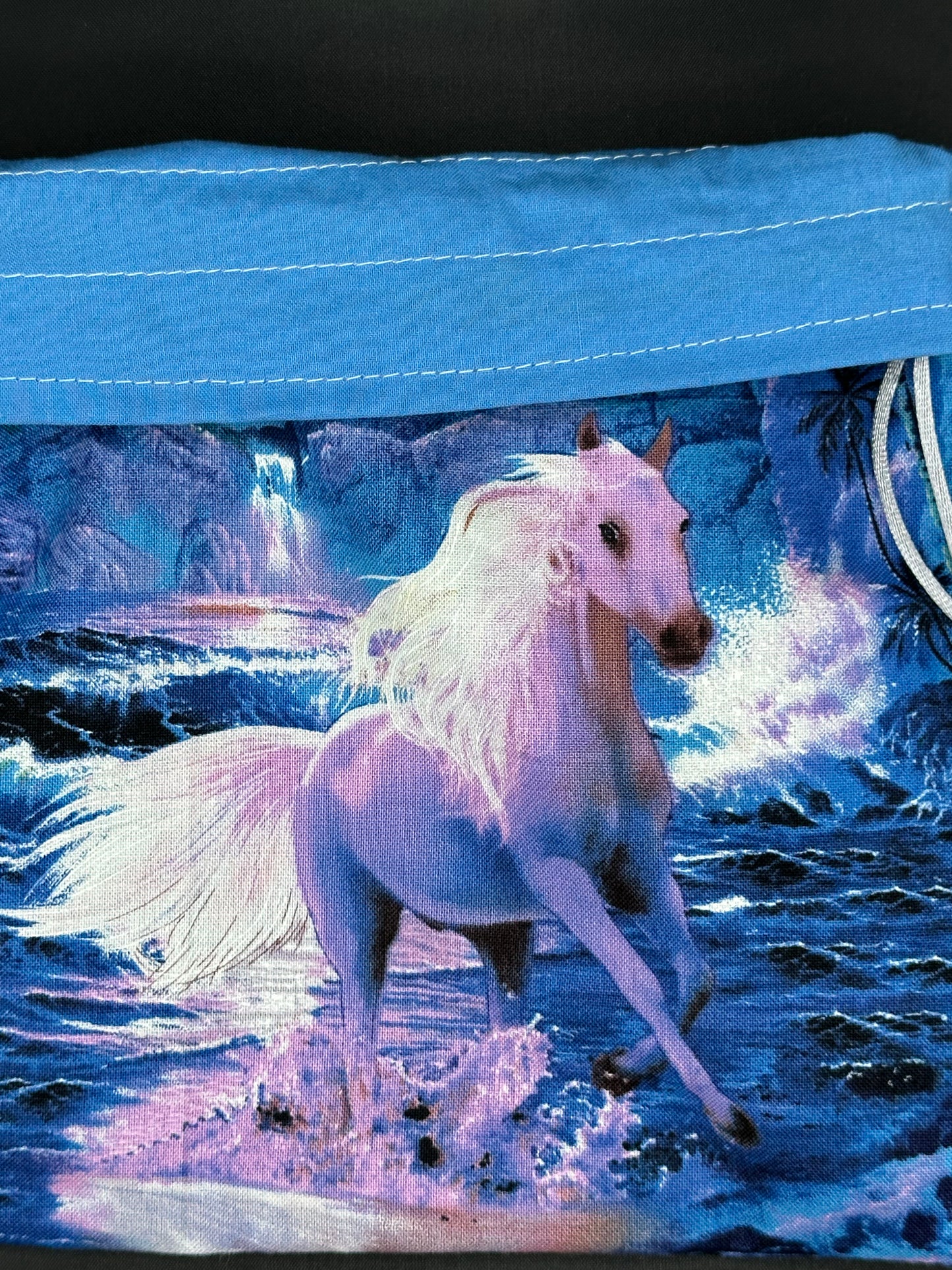 white horse draw string bag
