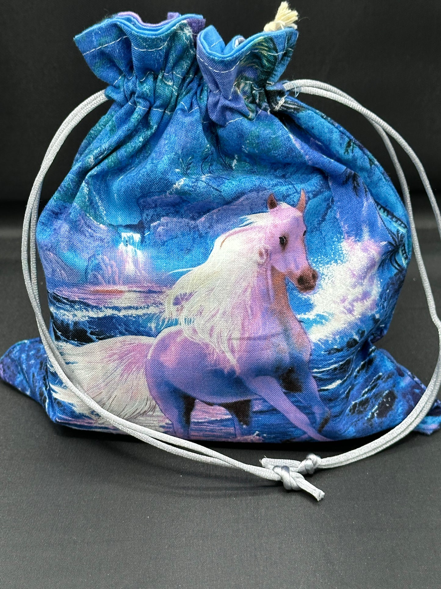 white horse draw string bag