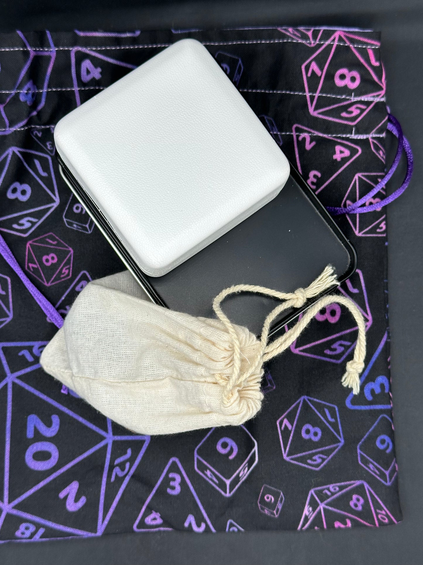 D&D Dice on purple draw string bag