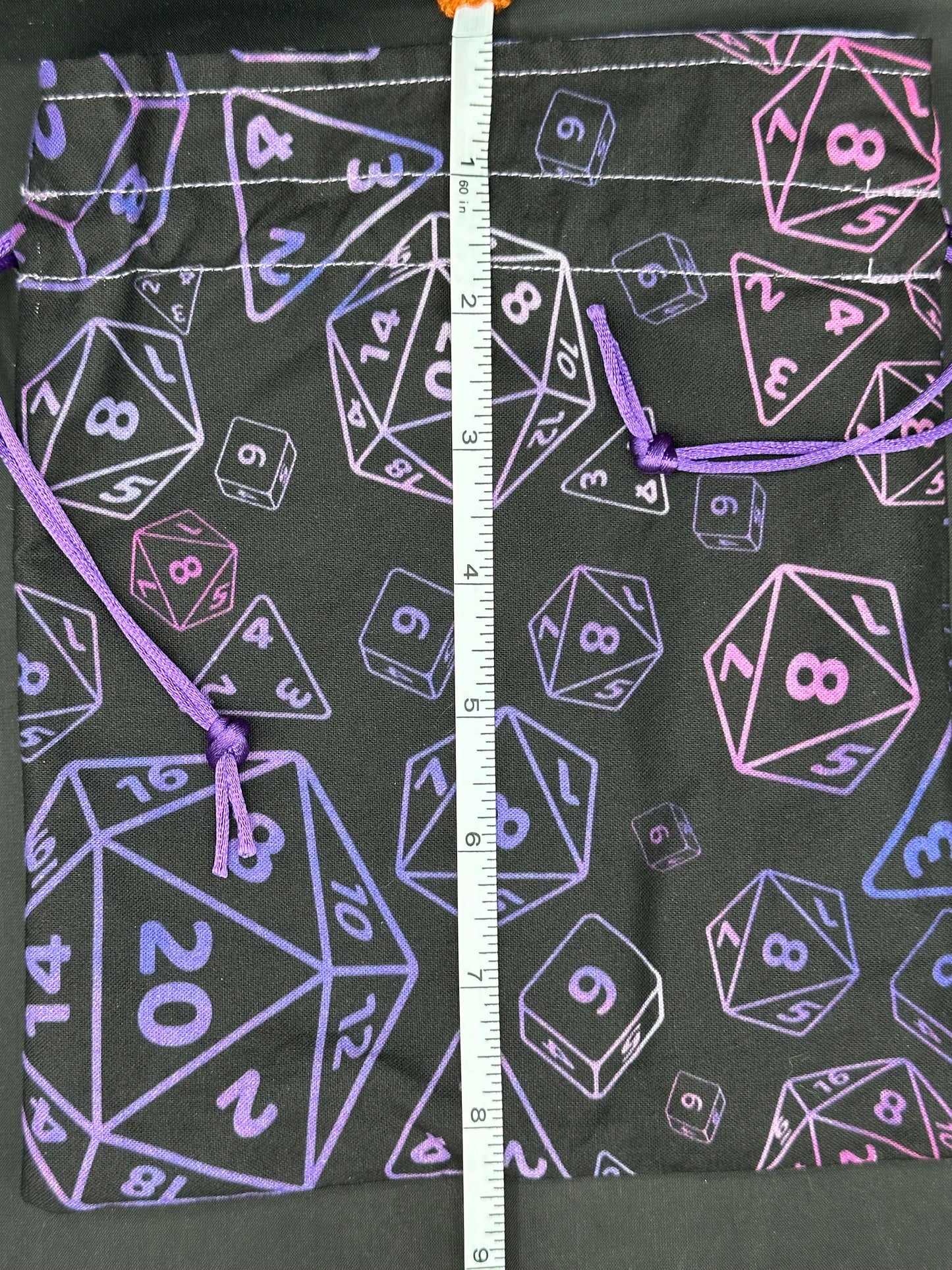 D&D Dice on purple draw string bag