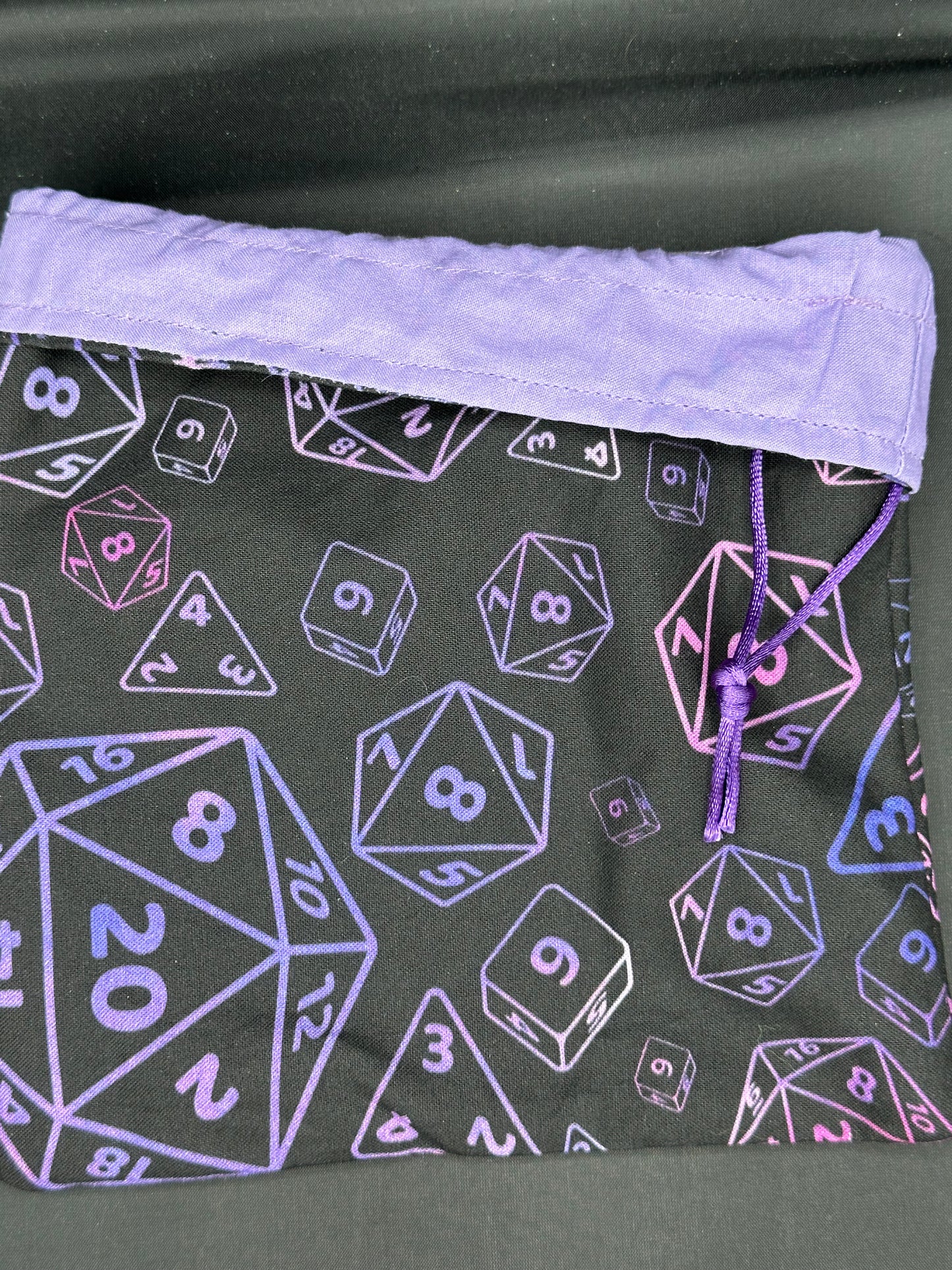 D&D Dice on purple draw string bag