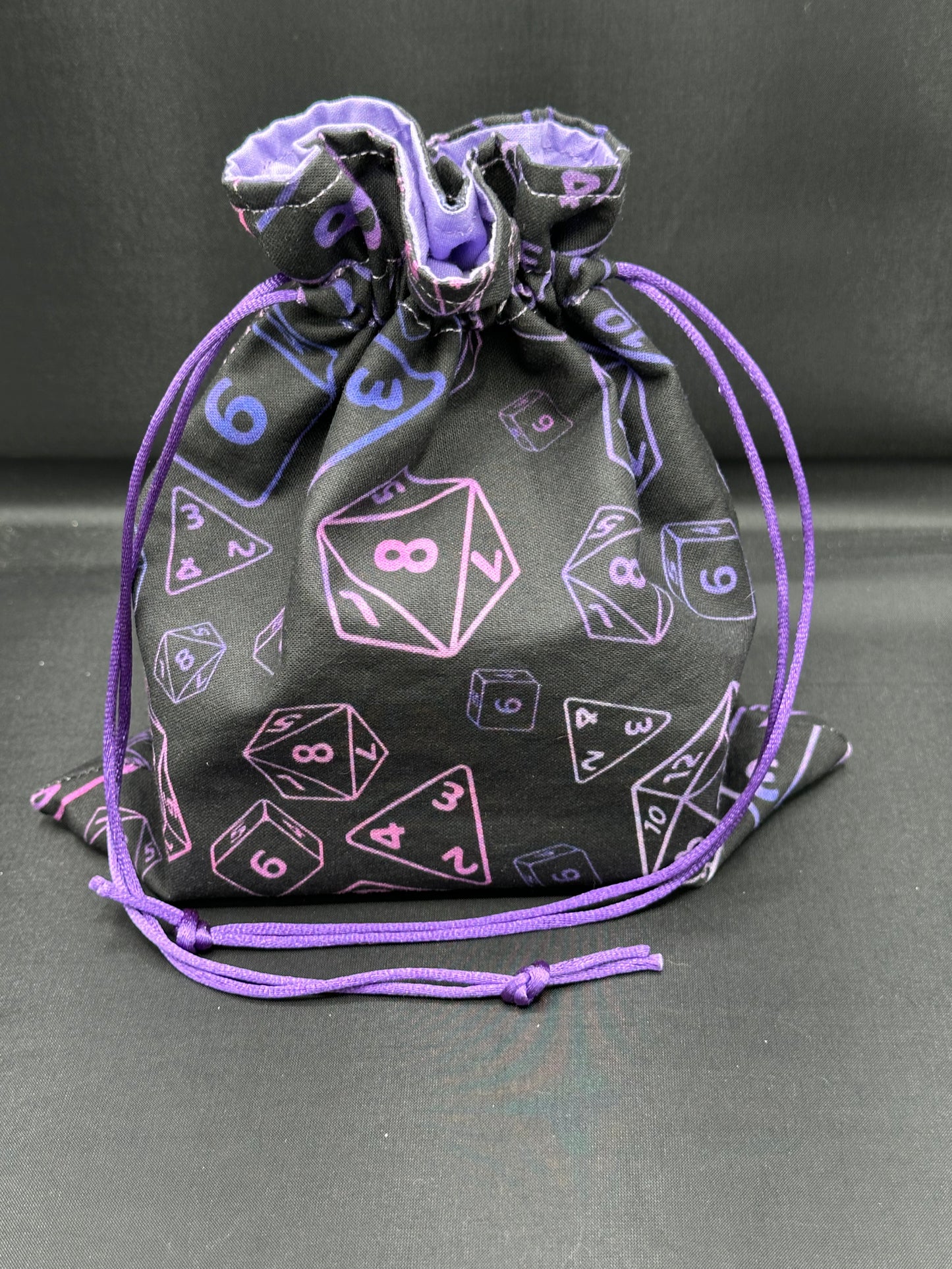 D&D Dice on purple draw string bag