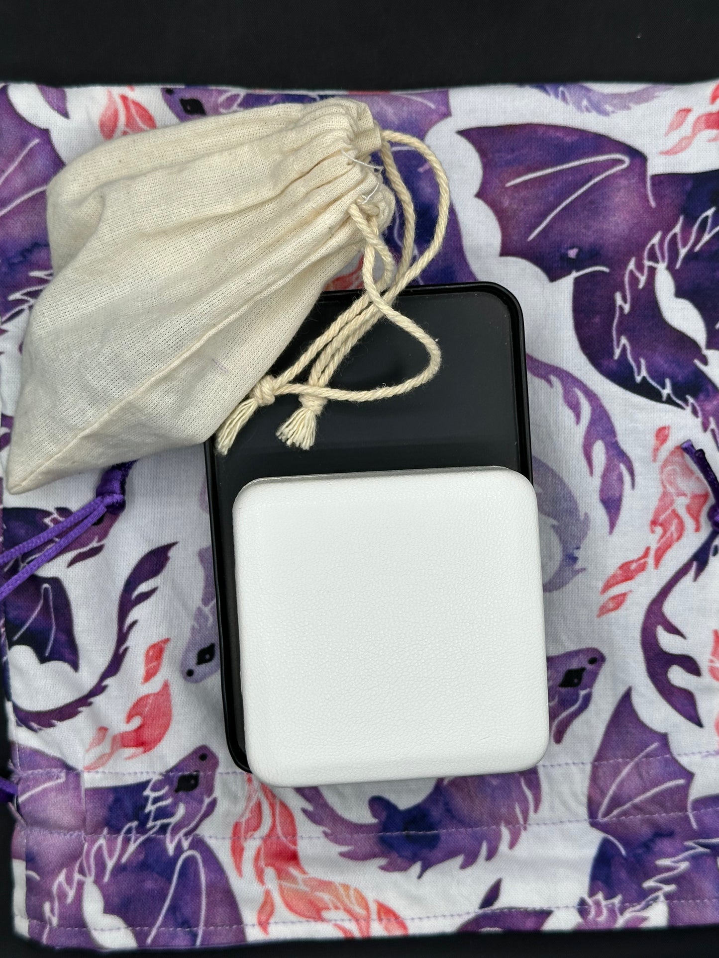 purple dragons on white draw string bag