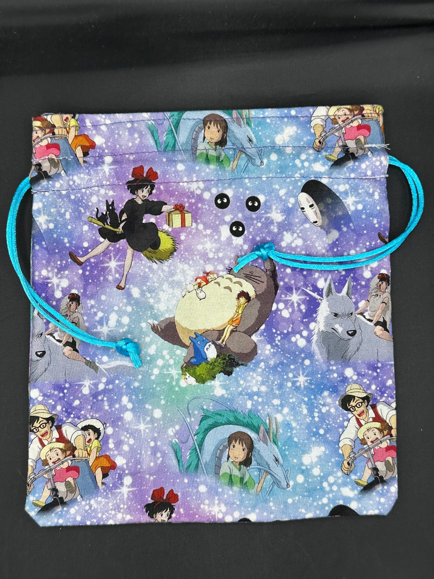Studio Ghibli - on blue and purple draw string bag