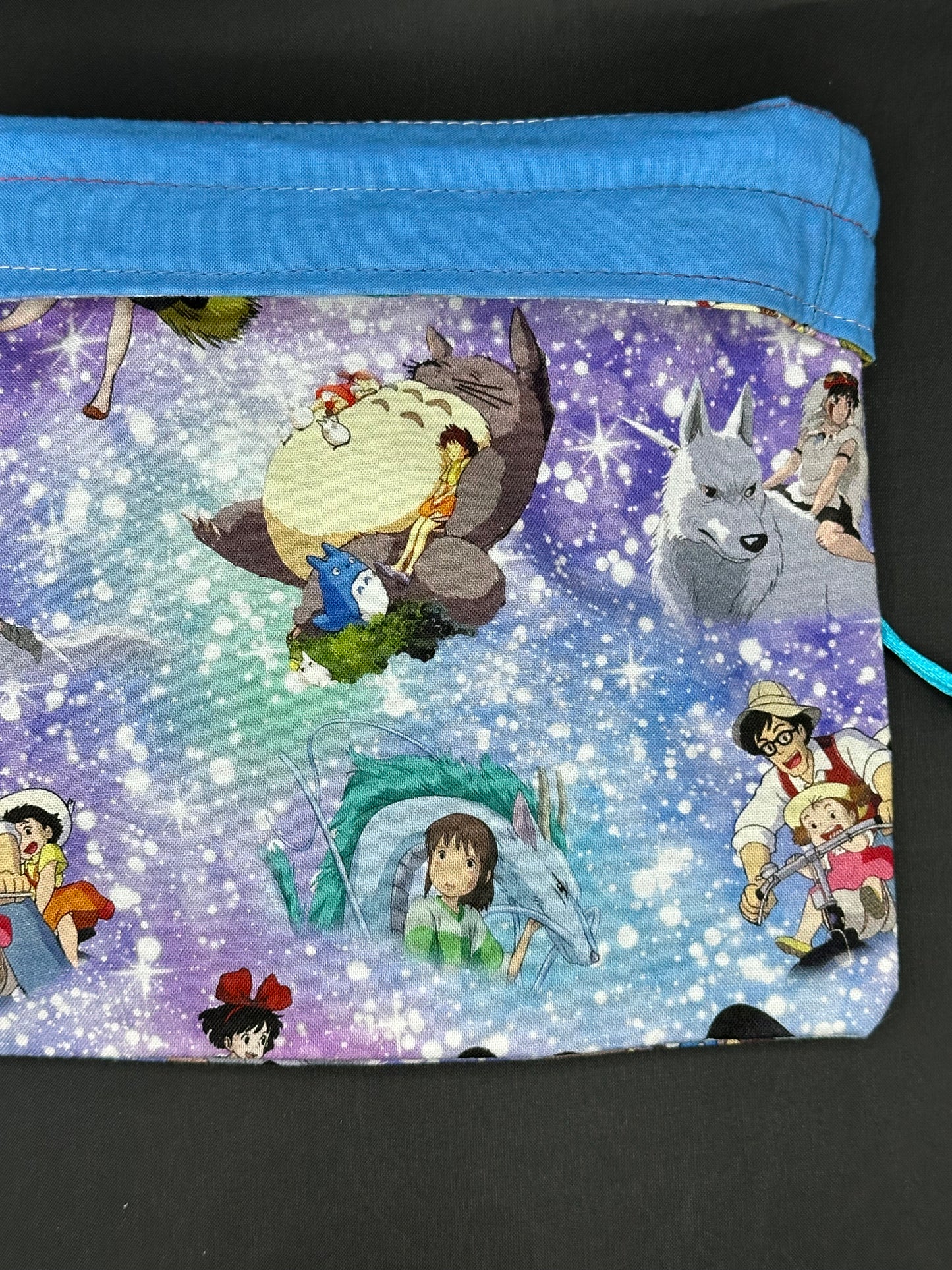 Studio Ghibli - on blue and purple draw string bag