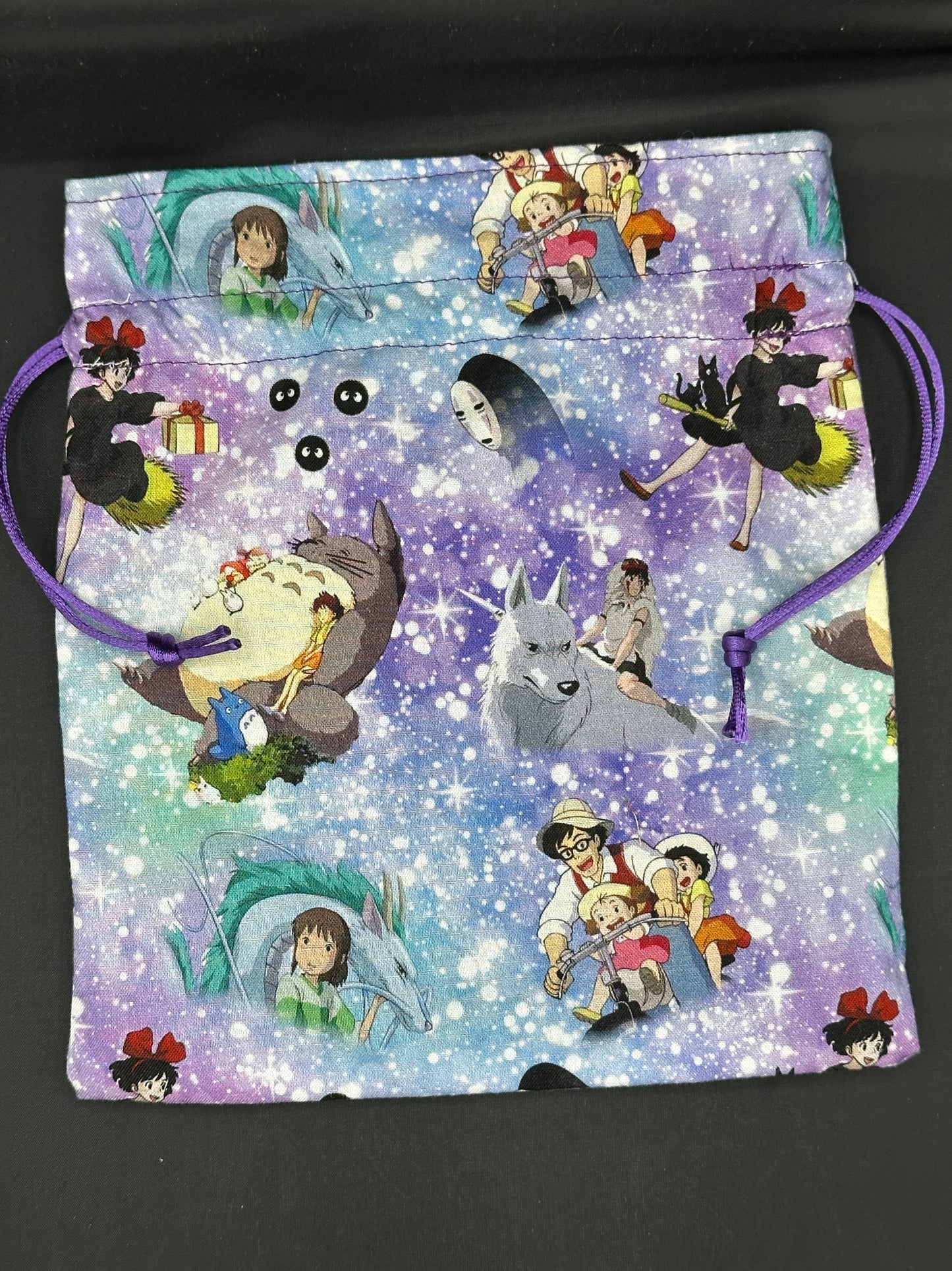 Studio Ghibli - on blue and purple draw string bag