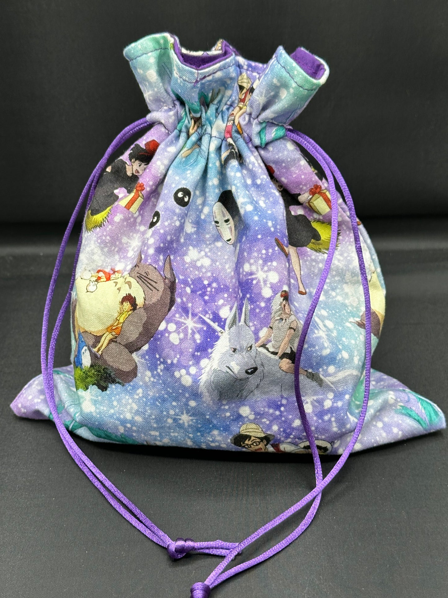 Studio Ghibli - on blue and purple draw string bag