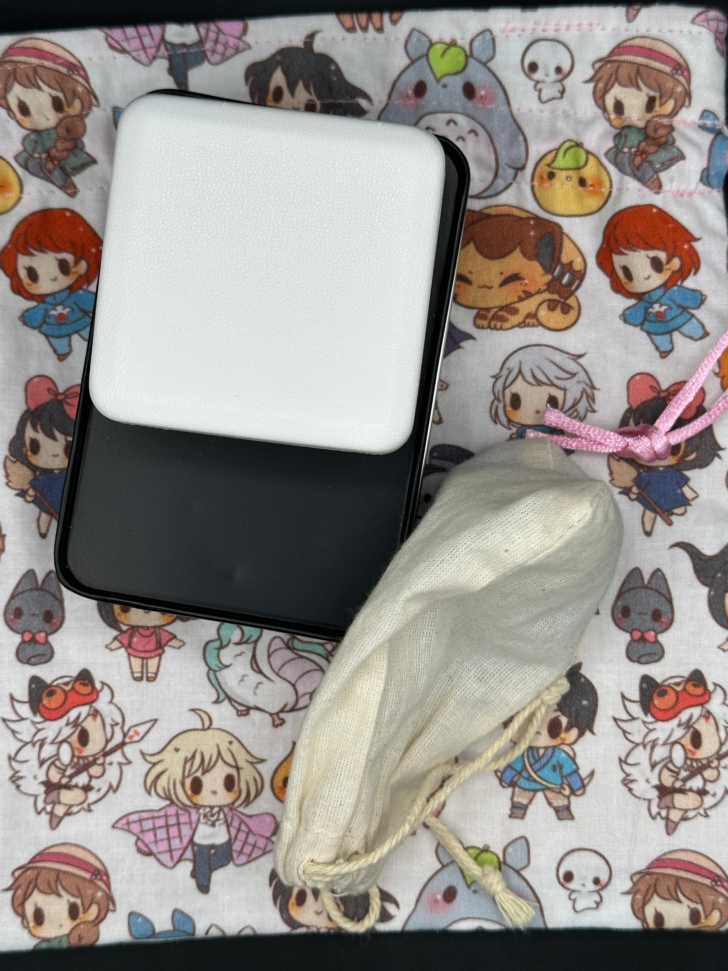 Studio Ghibli characters on white draw string bag