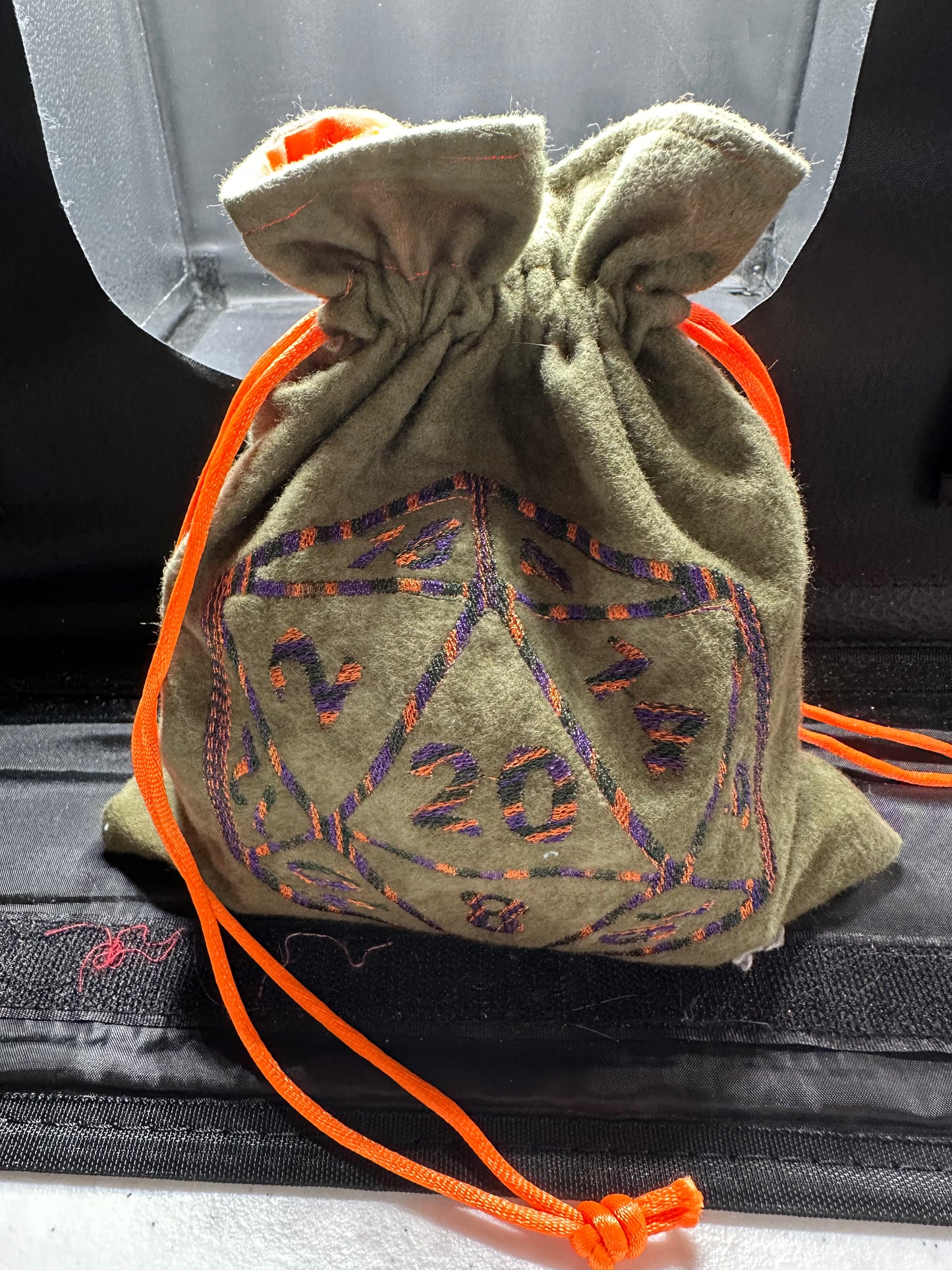 Embroidered D20 dice draw string bag
