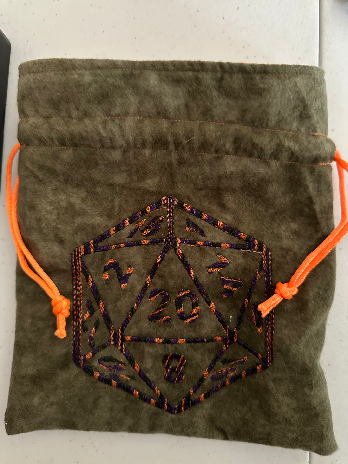 Embroidered D20 dice draw string bag