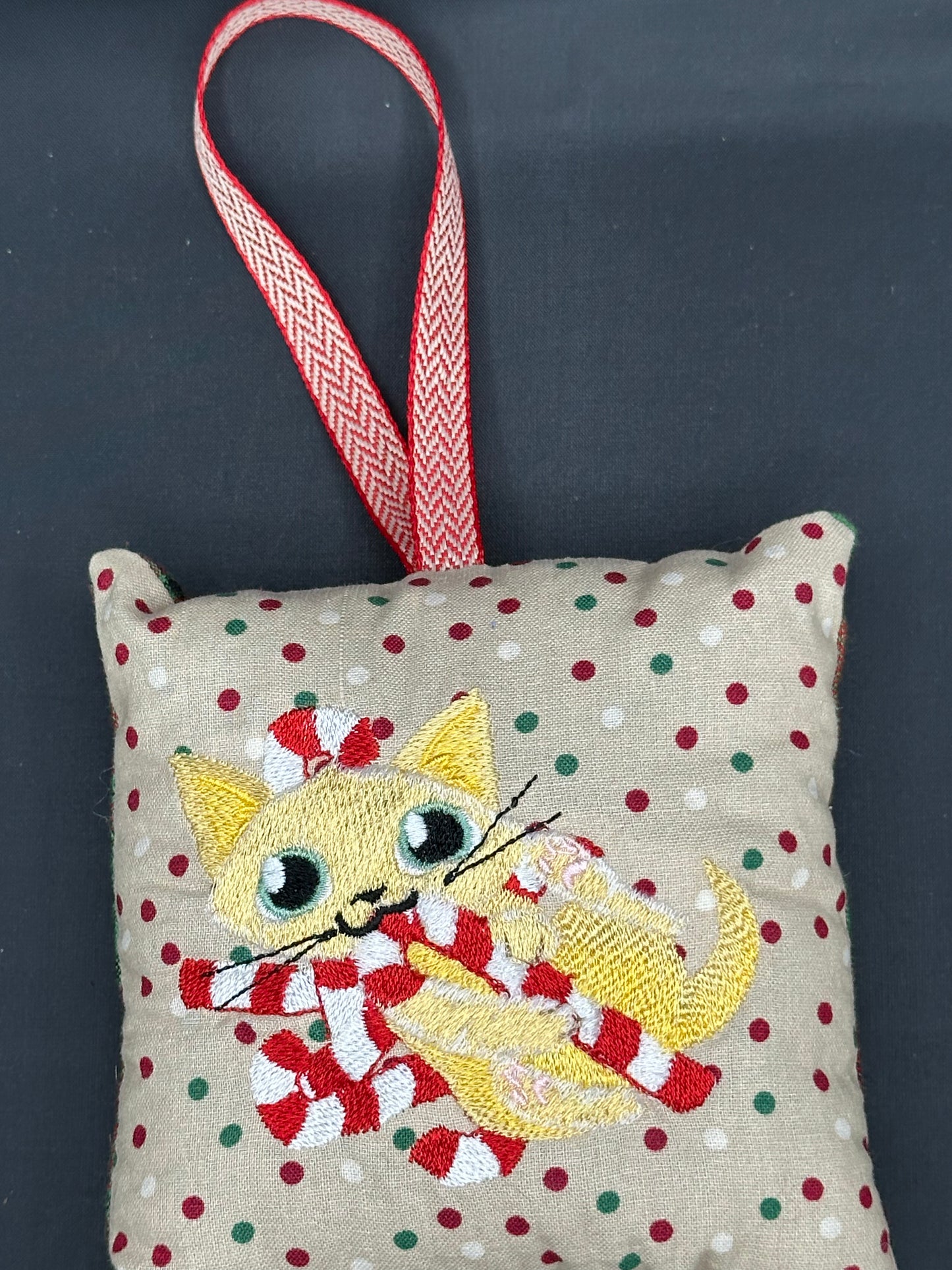 Cat and candy cane pillow/ornament