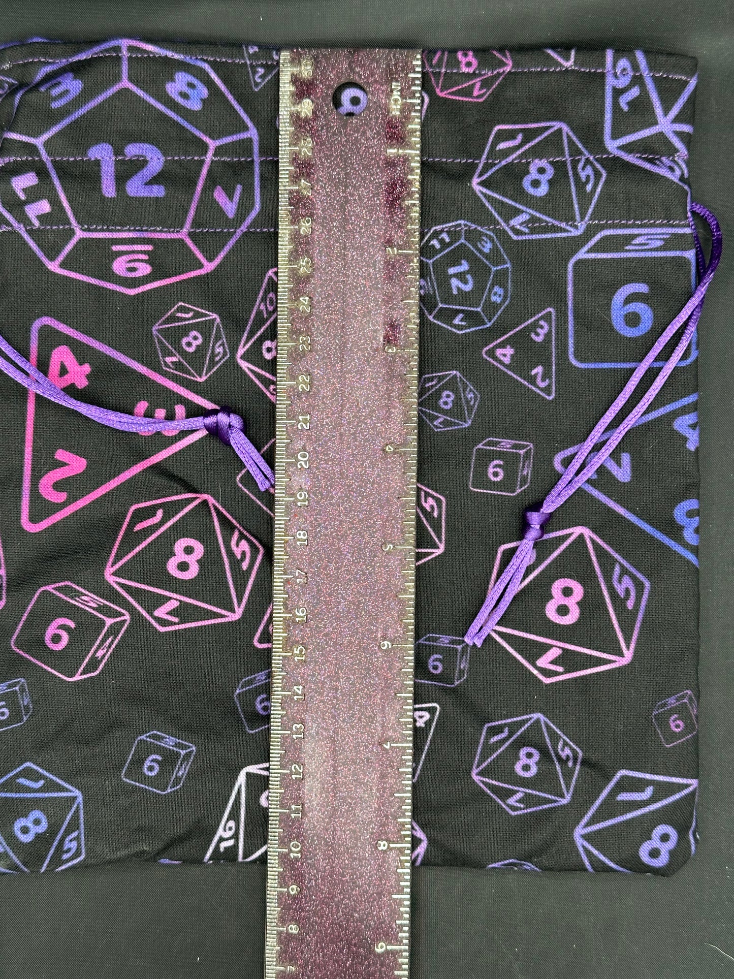 D&D Dice on purple draw string bag
