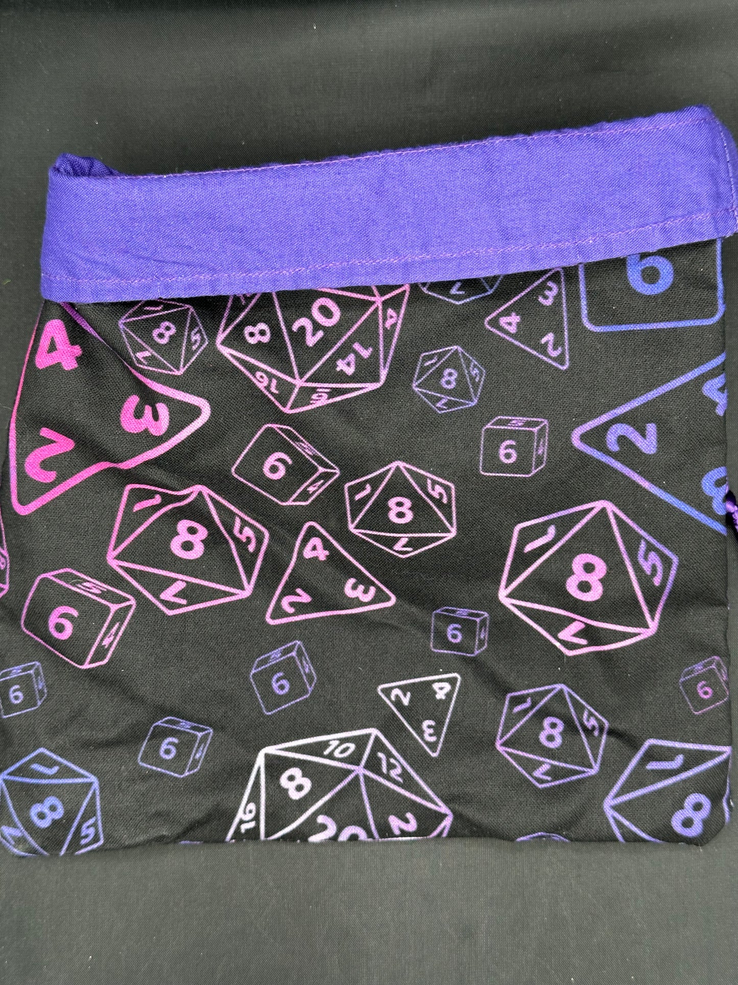 D&D Dice on purple draw string bag