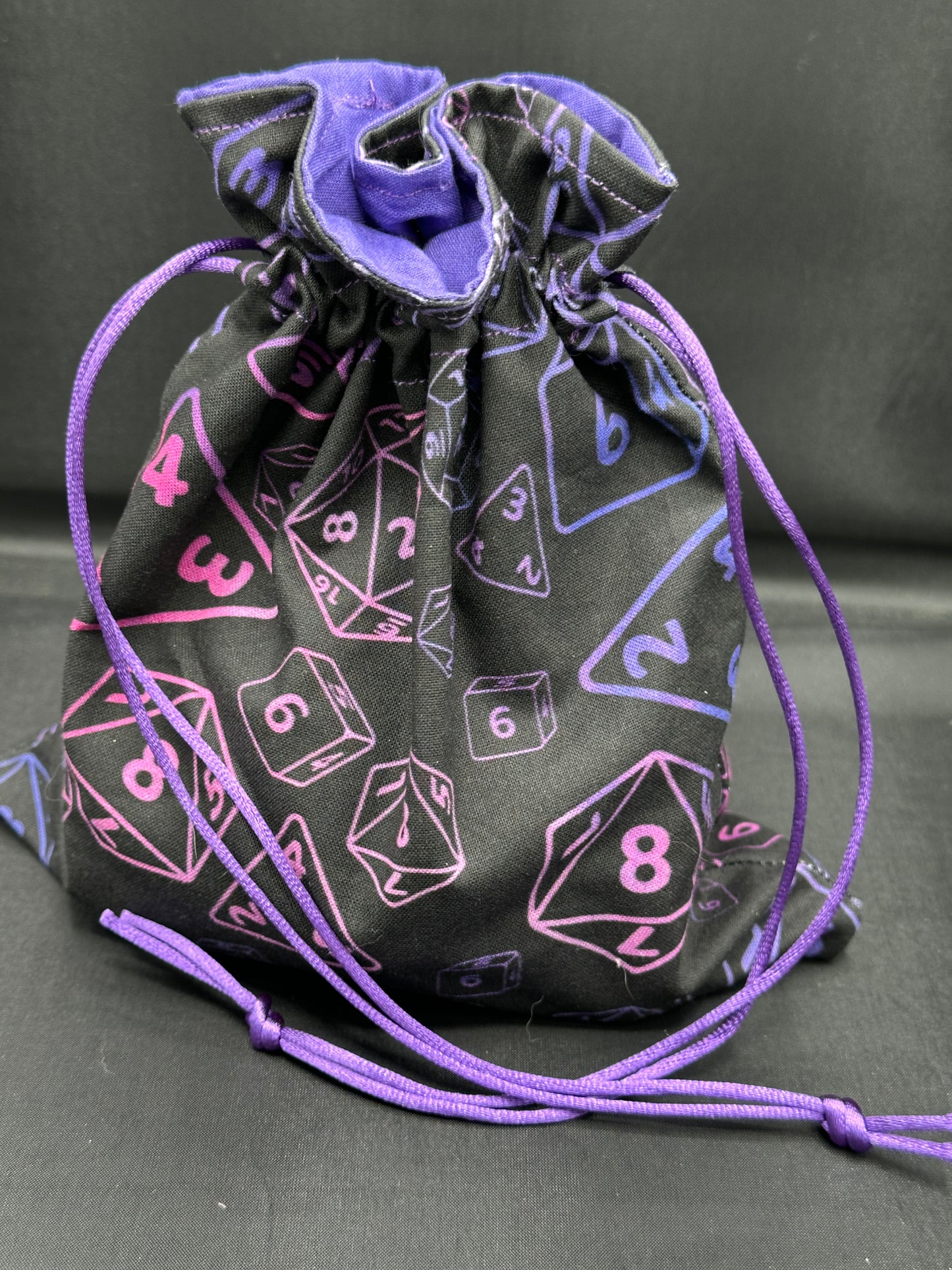 D&D Dice on purple draw string bag