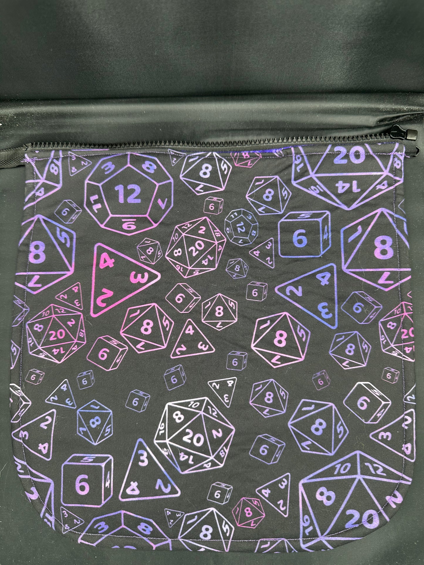 D20 dice on black background 12" purse flap