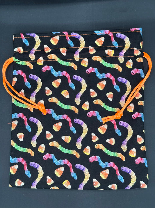 Neon gummy worms draw string bag