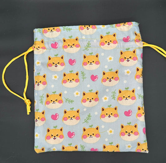 dog head and hearts on blue draw string