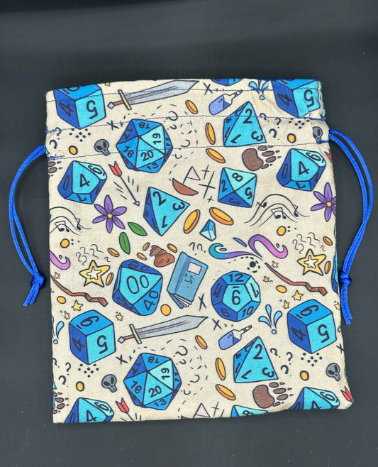 D&D Dice on tan draw string bag