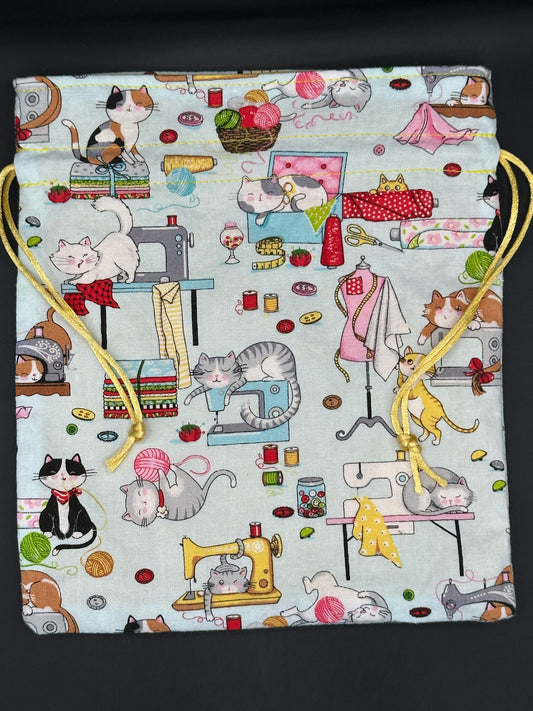 cats & sewing machines draw string bag