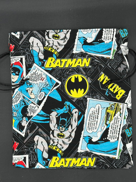 Batman blue and yellow comic draw string bag