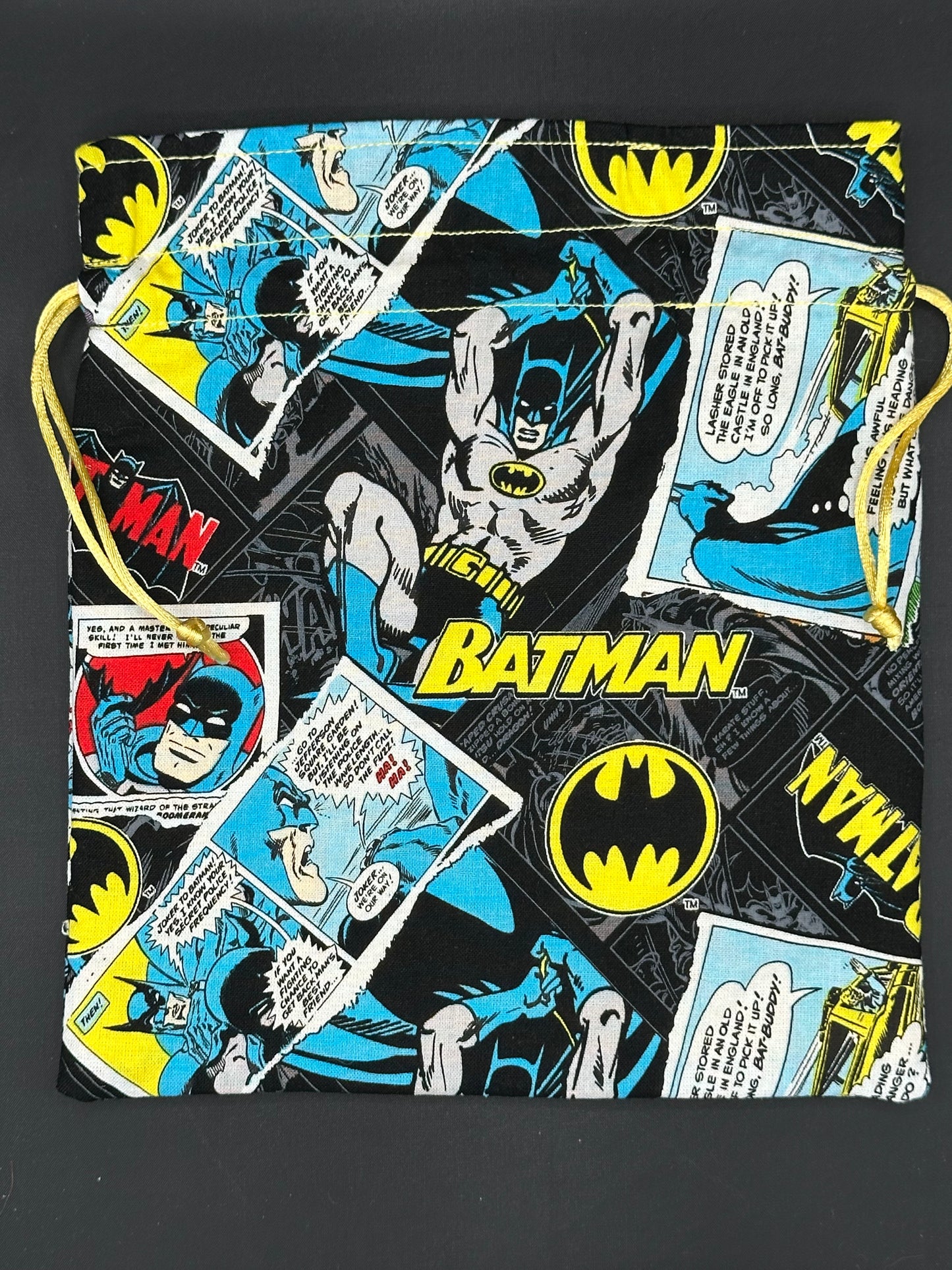 Batman blue and yellow comic draw string bag