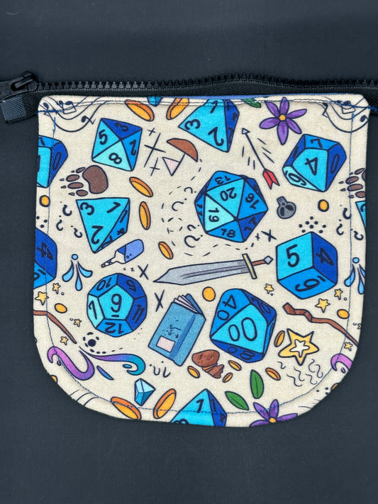 D&D dice and accessories on tan 7" purse flap