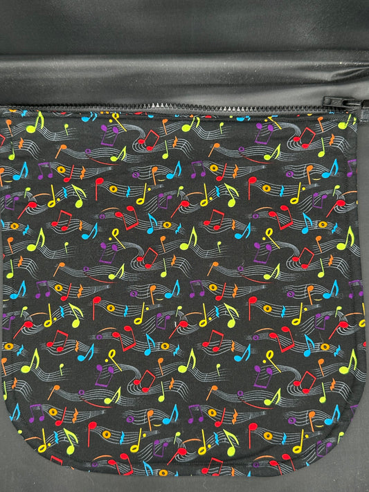 Colorful music notes on black - 12" purse flap