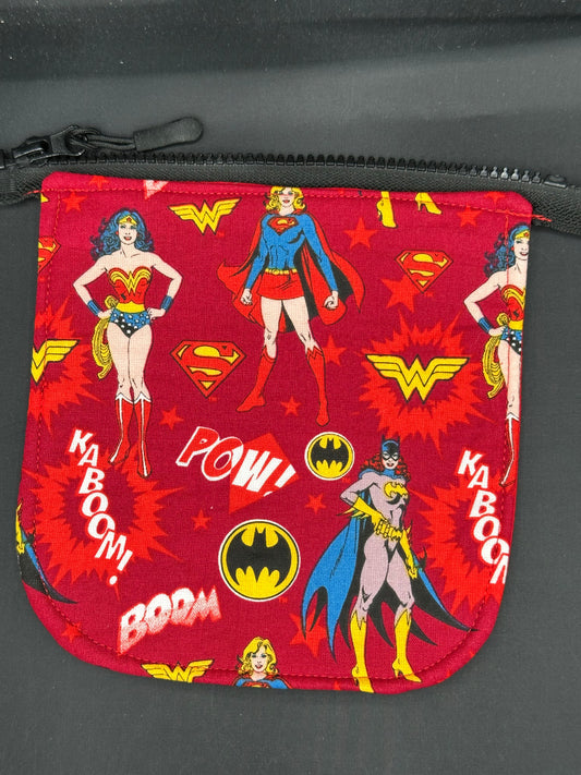 Woman Super heroes on red 7" purse flap