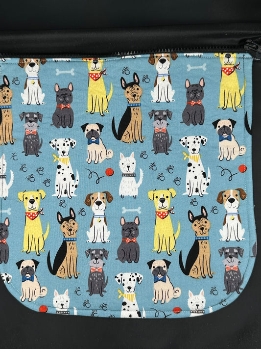 sitting dogs - blue 12" purse flap